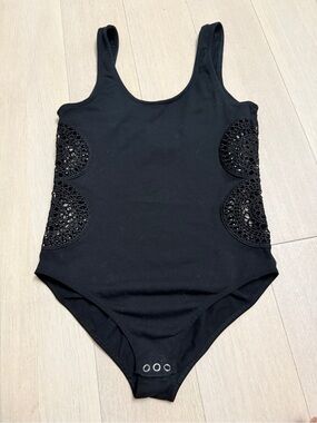 Topshop Black Crochet-Trim Bodysuit